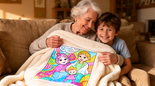 Grandmother and grandchild sharing a personalized blanket gift