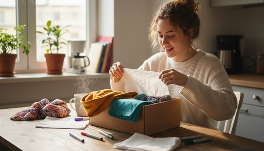 Creator opening a PR package at a kitchen table with colorful products and fabric markers