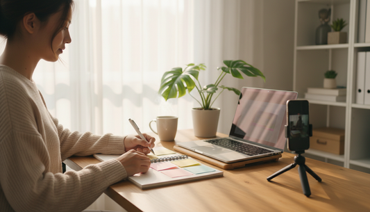 Micro influencer creator planning content at a desk with laptop, notebook, and phone on tripod