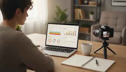 Content creator reviews performance charts on a laptop beside a camera, notebook, and cup of coffee