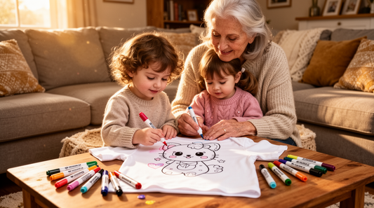 Grandmother and grandchild coloring a personalized t-shirt together