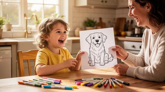 Child showing a coloring page to parent at kitchen table