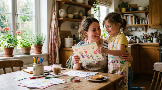Mother smiles as her daughter holds up a handmade Mother's Day drawing at a kitchen craft table