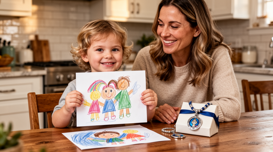Young child holding a colorful family drawing beside a smiling mother and a boxed necklace on a kitchen table