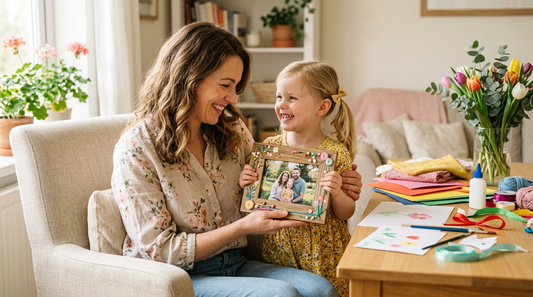 Mother and young daughter smiling while holding a decorated family photo frame beside a craft table