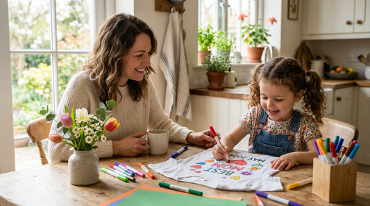 Mother and young daughter coloring a Best Mom T-shirt together at a sunny kitchen table