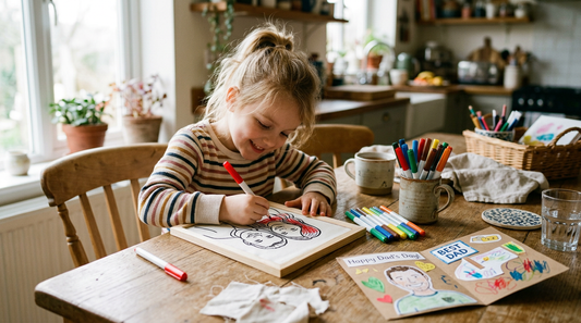 Young child coloring a framed drawing of herself and her dad at a kitchen table