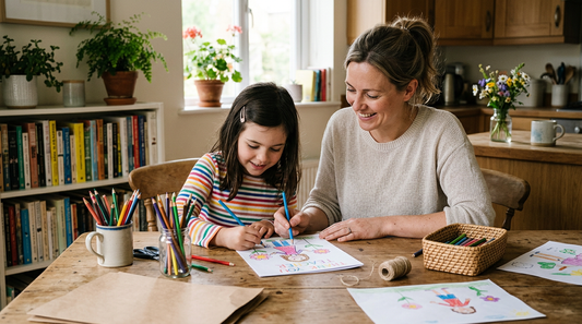 Mother and child draw a teacher thank-you picture together at a kitchen table with colored pencils and craft supplies