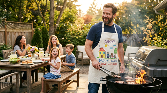 Father in a personalized apron grilling burgers while his family gathers around a backyard table