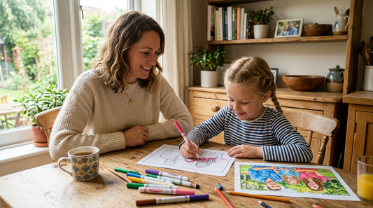 Mother watches a child color a family-photo coloring page at a wooden kitchen table with markers nearby