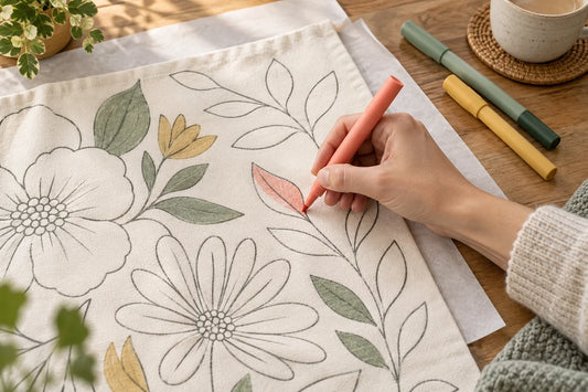 Adult holding a coral marker above a botanical-outline fabric panel on a protected craft table