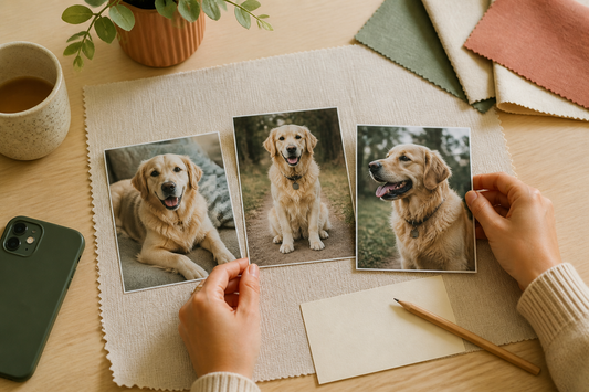 Pet owner arranging three dog photos on a neutral tabletop while planning a custom blanket