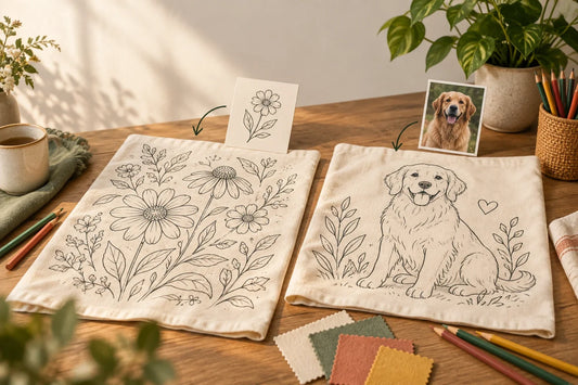 Two generic cream coloring blanket panels, one botanical and one pet inspired, arranged beside a pattern card, pet photo, and colored pencils