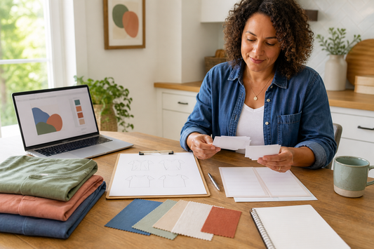 Family reunion organizer sorting blank design notes and color swatches beside folded plain shirts