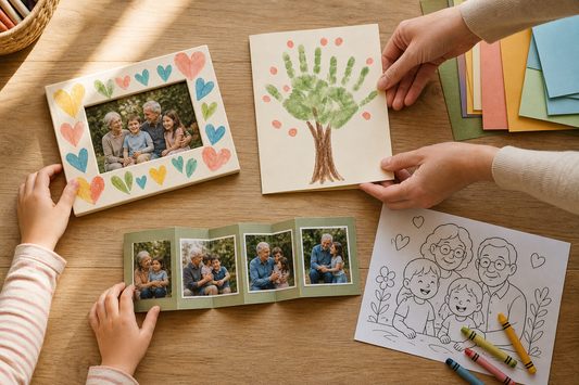 Overhead table with a decorated family photo frame, handprint tree card, accordion photo book, and family coloring page