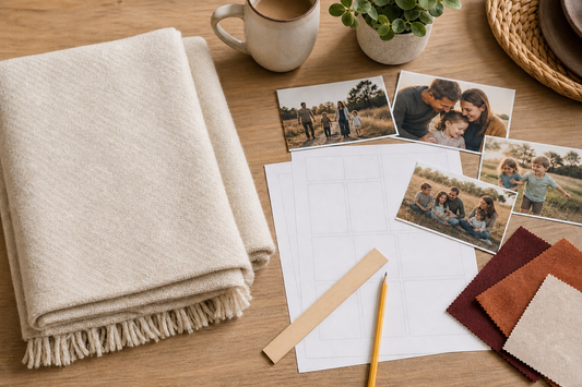 Overhead planning workspace with a plain folded blanket, family snapshots, a blank collage grid, fabric swatches, a pencil, and an unmarked wooden straightedge