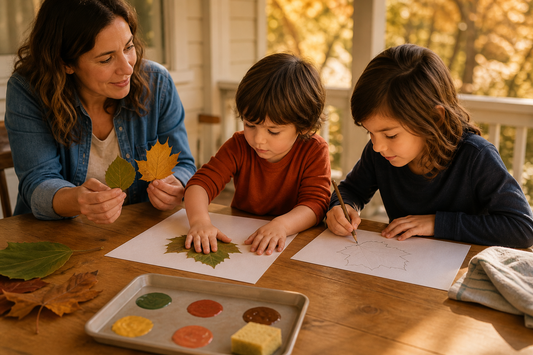 Two children choosing low-mess fall craft materials at a table while a caregiver offers leaves nearby