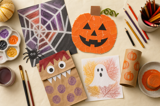 Illustrative overhead Halloween craft table with a pumpkin collage, spiderweb painting, monster puppet, ghost rubbing, and art supplies