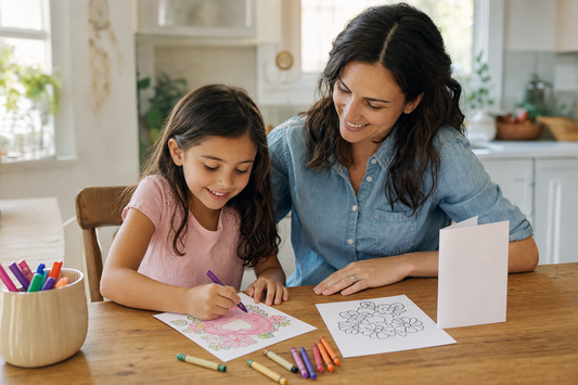 Mother and young daughter making a simple coloring-page card together at a sunlit kitchen table