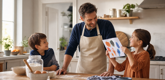 Father in a plain apron smiling with two children in a bright kitchen as one child shares a colorful handmade picture