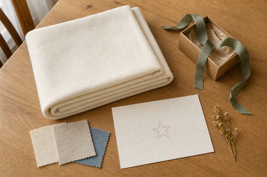 Overhead gift-planning scene with a plain cream baby blanket, three fabric swatches, a blank star design card, ribbon, and a small gift box