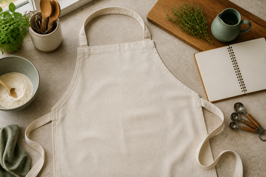 Illustrative overhead kitchen scene with a blank apron, mixing bowl, wooden board, blank notebook, and neutral cooking tools