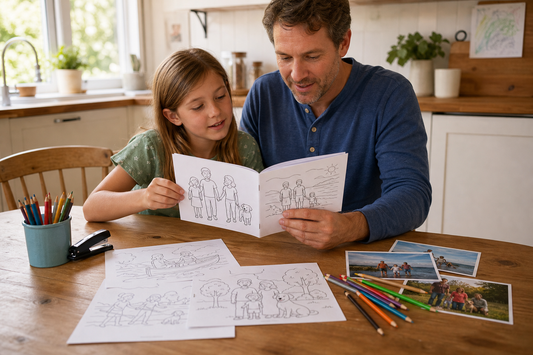 Parent and child review a homemade coloring booklet beside family photos and loose line-art pages on a kitchen table