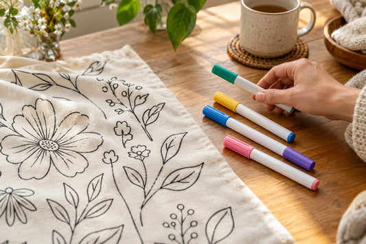 Adult hand choosing an unbranded marker beside a cream botanical-outline fabric panel