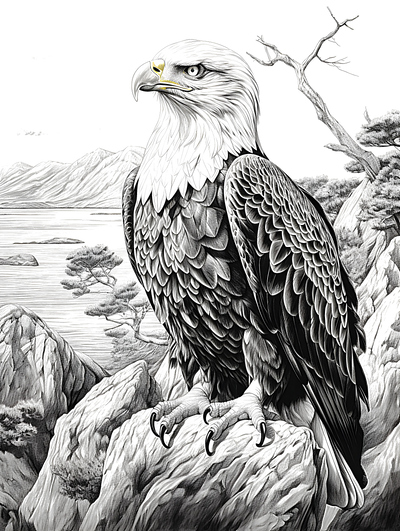 FREE Bald Eagle Coloring Page - Detailed Illustration with Mountains and Trees - Printable Download 🐾 — free printable coloring page
