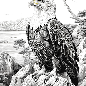 FREE Bald Eagle Coloring Page - Detailed Illustration with Mountains and Trees - Printable Download 🐾