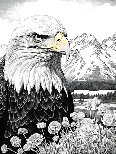 FREE Bald Eagle Coloring Page - Detailed Black and White Drawing with Mountains and Flowers - Printable Download 🐾 — free printable coloring page