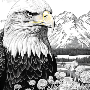 FREE Bald Eagle Coloring Page - Detailed Black and White Drawing with Mountains and Flowers - Printable Download 🐾