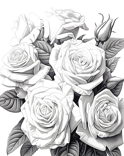 FREE Coloring Page - Detailed Bouquet of Roses with Intricate Petals and Leaves - Download NOW ⛰️ — free printable coloring page