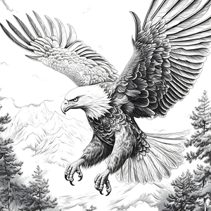 FREE Eagle Coloring Page - Detailed Black-and-White Drawing with Outstretched Wings Over Mountains and Trees - Download NOW 🐾