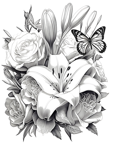 FREE Coloring Page - Detailed Floral Bouquet with Butterfly - Download NOW ⛰️ — free printable coloring page