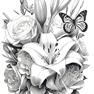 FREE Coloring Page - Detailed Floral Bouquet with Butterfly - Download NOW ⛰️