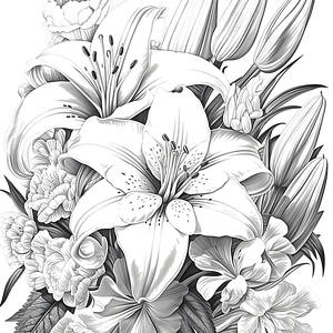 FREE Coloring Page - Detailed Bouquet with Lilies and Flowers Printable ⛰️