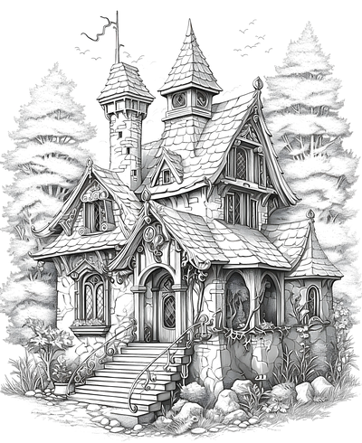 FREE Fantasy House Coloring Page - Printable Scenic Forest Background Download 🏰 — free printable coloring page