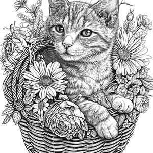 FREE Kitten in Floral Basket Coloring Page - Printable Download 🐾