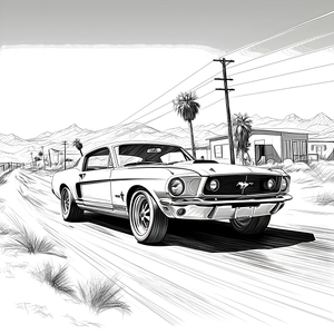 FREE Classic Ford Mustang Coloring Page - Printable Desert Road Scene Download 🛞