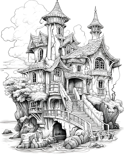 FREE Fantasy Castle Coloring Page - Detailed Black and White Sketch - Printable Download 🏰 — free printable coloring page
