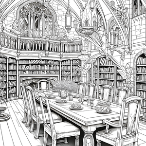 FREE Medieval Dining Room Library Coloring Page - Intricate Line Art Download 🏰