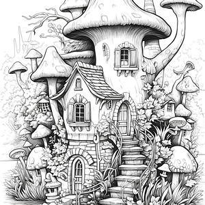 FREE Coloring Page - Fantastical Mushroom House with Stairs and Plants Download 🏰