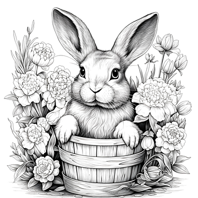 FREE Bunny in a Bucket with Flowers Coloring Page - Printable Spring Theme Download 🐾 — free printable coloring page