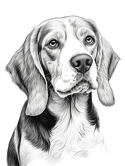 FREE Beagle Dog Coloring Page - Detailed Black-and-White Illustration with Expressive Eyes and Floppy Ears - Download NOW 🐾 — free printable coloring page