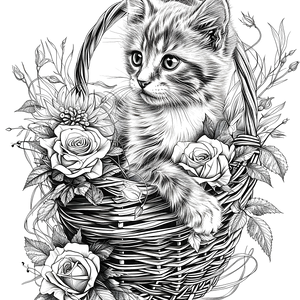 FREE Cute Kitten in Wicker Basket with Roses Coloring Page Download 🐾