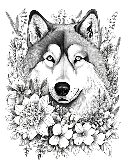 FREE Wolf Face with Flowers Coloring Page - Printable Download ⛰️ — free printable coloring page