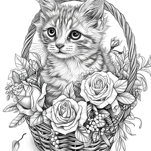 FREE Kitten in Basket of Roses Coloring Page - Realistic Black & White Printable Download 🐾