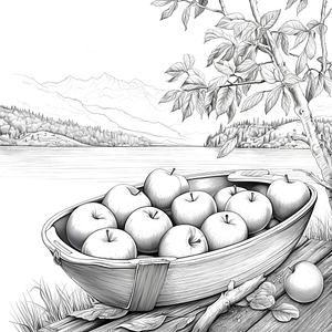 FREE Coloring Page: Serene Lake Boat with Apples by Tree - Download NOW ⛰️