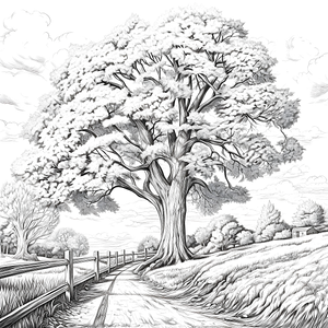 FREE Coloring Page - Detailed Black and White Tree by Countryside Path Printable Download ⛰️